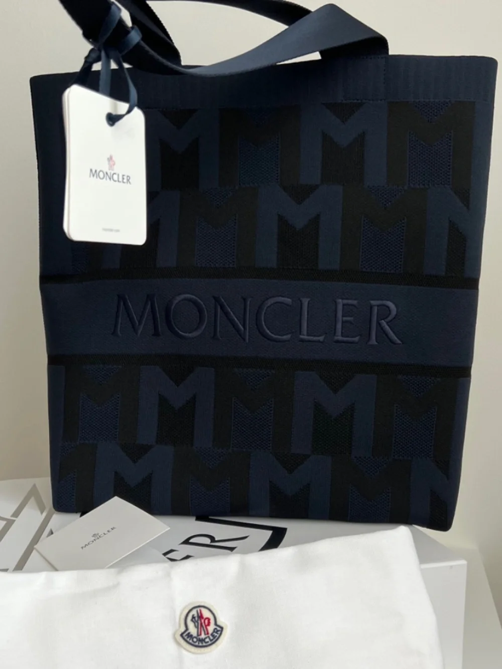Moncler Bag Unisex Large Tote Navy Blue Knitted Jacquard Shopper Travel $1,500